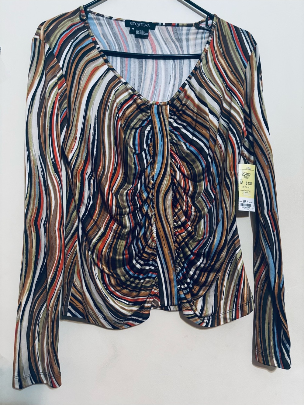 Etcetera Striped Ruched V-Neck Long Sleeve Top in Brown, Navy & Cream